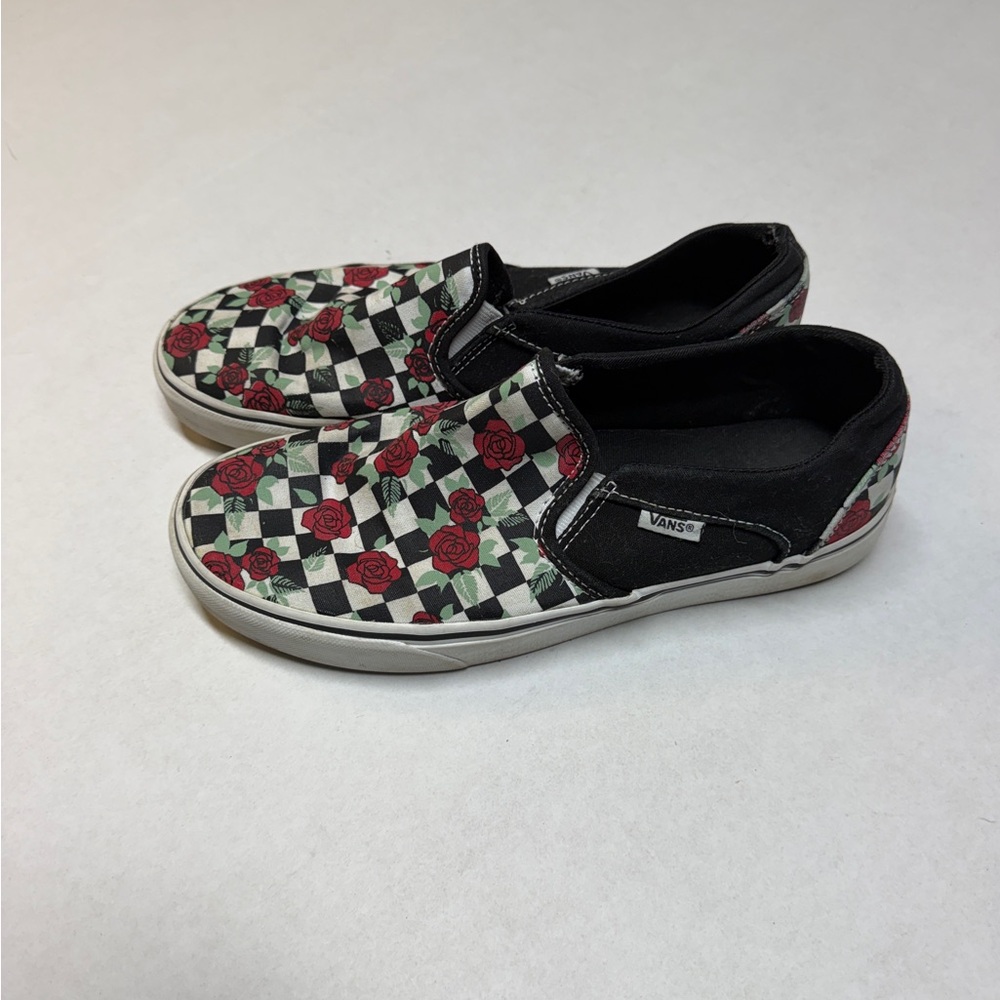 Vans Slip-On Black White Customs Women’s Size 8.5 Checkerboard Rose Print Shoes